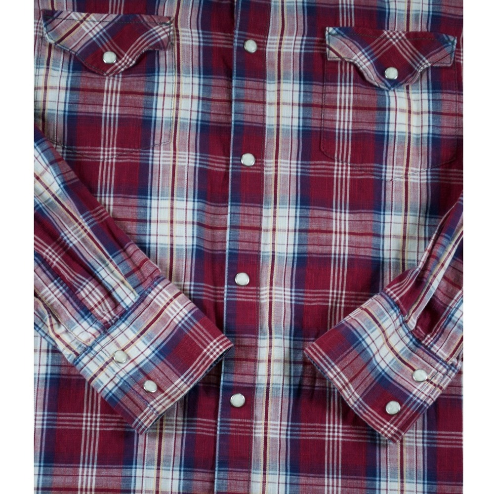 Wrangler Retro Men L Large Tall Pearl Snap Western Plaid Shirt Maroon Blue - Picture 4 of 7